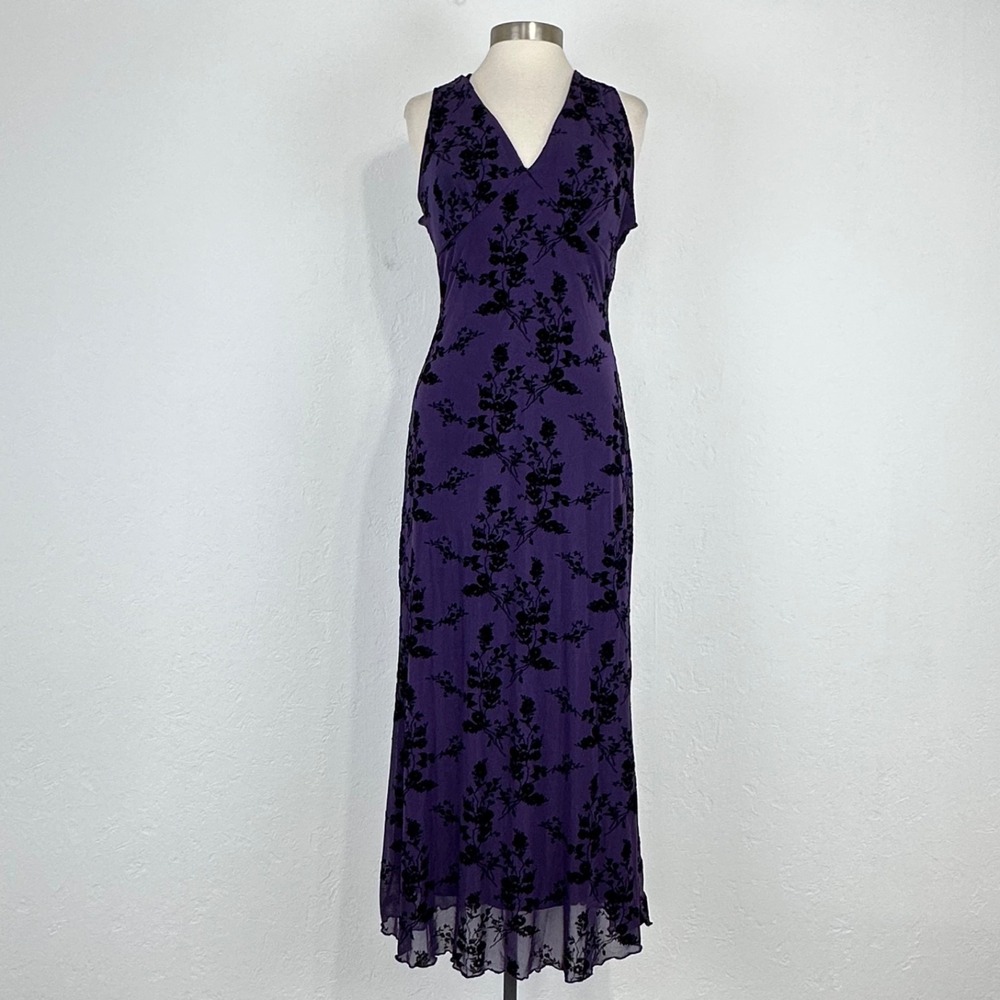 90s Whimsigoth Fairy Goth Maxi Dress Sz XXL Purple Floral Flocked Overlay V-Neck